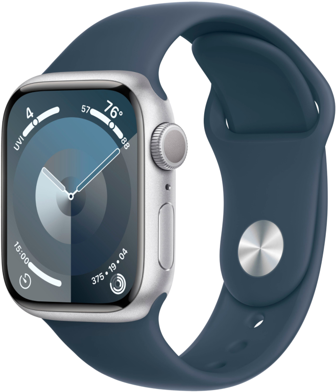Apple Watch Series 9, 41 мм, корпус из алюминия серебристого цвета, спортивный ремешок цвета грозовой синий, размер M/L